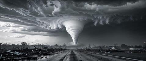 A tornado is seen in the sky over a road photo