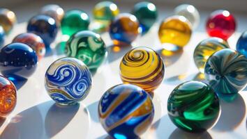 Many colorful marbles are arranged in a circle photo