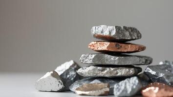 A stack of rocks with a copper and silver coin photo