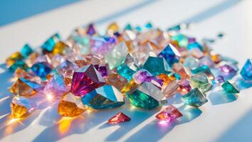 A pile of colorful crystals on a white surface photo