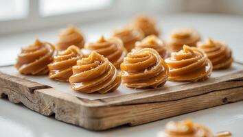 A tray of caramel covered cookies on a table photo