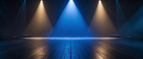 Stage with blue lights and wooden floor photo