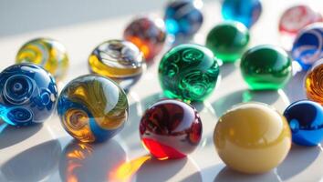 A collection of colorful marbles on a table photo