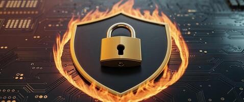 A golden padlock on top of a circuit board with flames photo