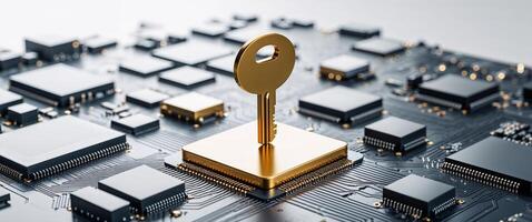 Golden Key Floating Above Circuit Board Illustrating Digital Security photo