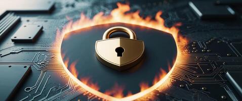 Golden Lock on Shield with Fiery Outline over Circuit Board photo