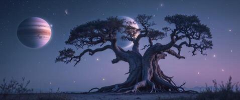 An ancient tree and two planets in a space setting photo