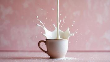 Milk splash from cup on pink background for beverage use. photo