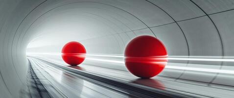 Two red spheres in tunnel with speed blur effect for use photo