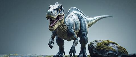 A dinosaur with an angry look stands near a rock photo
