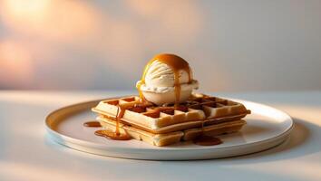 Warm Waffle with Ice Cream and Caramel Sauce photo