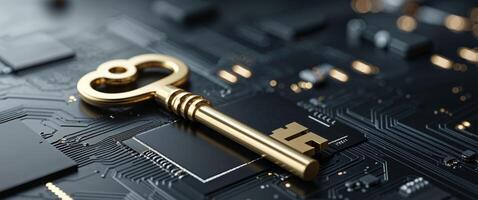 Golden Key on Black Circuit Board Background Representing Security. photo