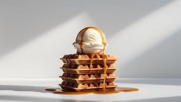 Hazelnut Waffle Stack with Ice Cream and Caramel photo