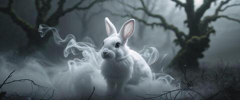 White Rabbit Emerging from Smoke in Dark Mysterious Setting. photo