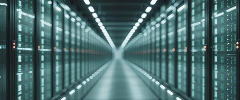 Modern Data Center Corridor With Glowing Racks photo