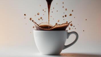 Extreme Macro Shot of Hot Espresso Splashing into a Cup with Delicate Droplets and Rich Brown Color photo