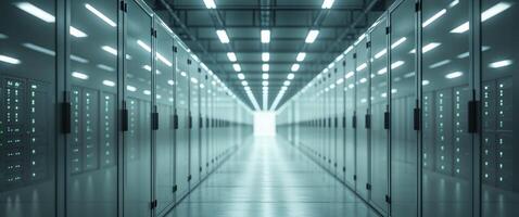 Modern Data Center Corridor With Glowing Racks. photo