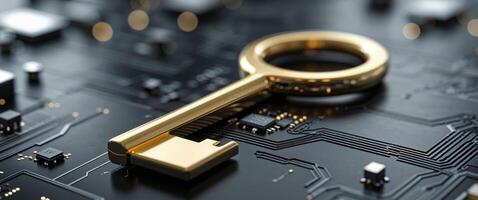 Golden Key on Black Circuit Board Background Representing Security photo