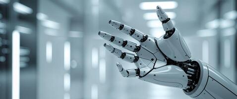 Robotic hand reaching out in a futuristic laboratory environment showcasing advanced technology and artificial intelligence. photo