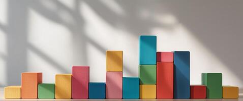 Building colorful bar graph with wooden blocks for data visualization. photo