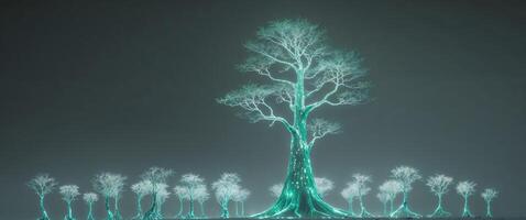 A large tree creature glowing and surrounded by other similar beings. photo