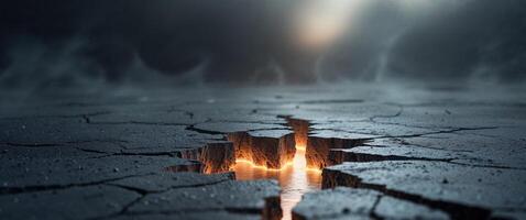 Cracked surface reveals glowing light underneath during twilight hours in an abstract setting photo