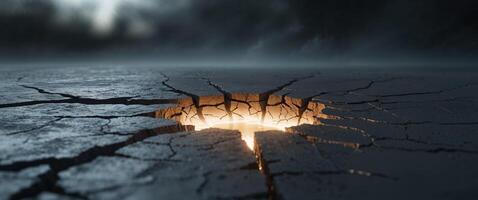 Cracked surface reveals glowing light underneath during twilight hours in an abstract setting. photo