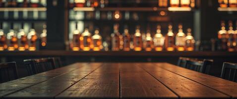 Dark Wooden Table in Dimly Lit Bar Setting photo