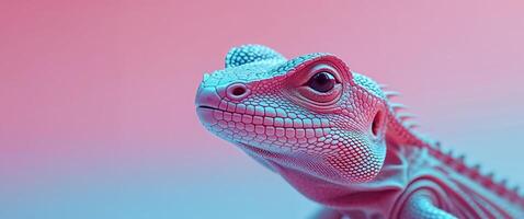 a close up of a lizard with a pink and blue background. photo