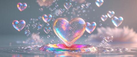 Colorful translucent hearts with bubbles and light reflections photo