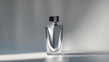 Sleek Silver Perfume Bottle Mockup on a Grey Surface photo