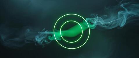 neon green abstract circle with smoke on dark background Bird Eye View. photo