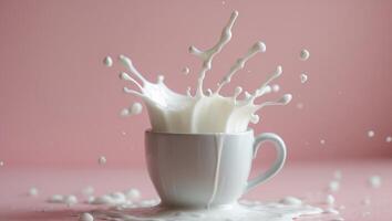 Milk splash from cup on pink background for beverage use photo