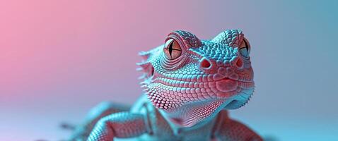 a close up of a lizard with a pink and blue background photo
