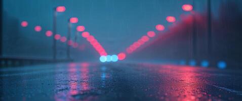 A blurry image of a wet road with a red and blue light in the background photo