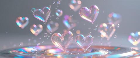 Colorful translucent hearts with bubbles and light reflections. photo