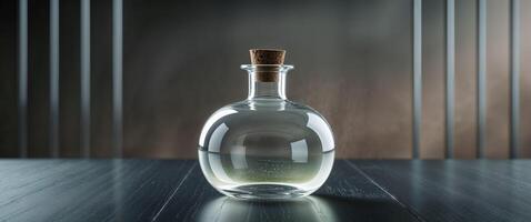 Clear Glass Bottle with Cork Stopper and Liquid on Dark Table in Laboratory Setting photo
