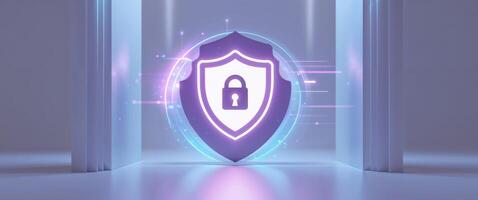 A purple shield with a lock on it is shown in front of an open door photo