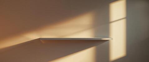 A shelf with a window and a light shining on it photo