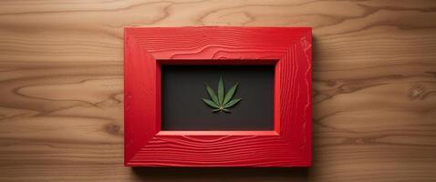 A marijuana leaf in a red frame on a wooden wall photo