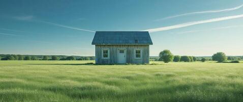 An old house in a field with grass and trees photo