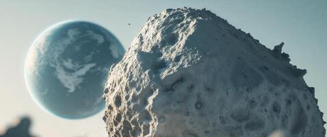 An asteroid is seen in the distance with a planet in the background photo