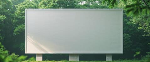 Blank billboard in the forest with trees and green grass photo