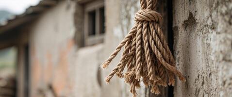 A rope hanging from a wall in front of a building photo