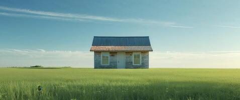 An old house sits in the middle of a field photo