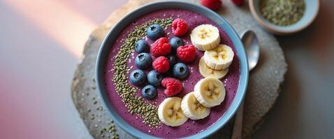 A bowl of smoothie with berries and bananas photo