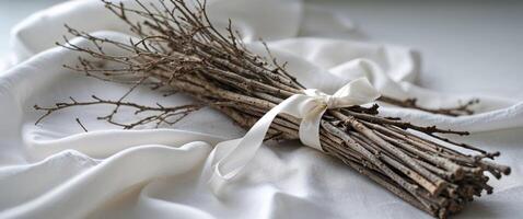 A bundle of twigs tied with a white ribbon photo