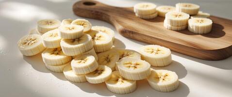 Bananas sliced into slices on a cutting board photo