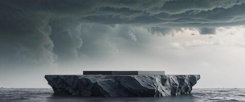 An iceberg floating in the ocean with storm clouds photo