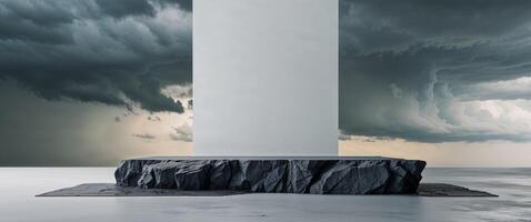 A large rock with a white pillar in front of it photo